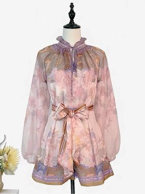 Designer-style Pink Floral Tie-Neck Romper with Belt